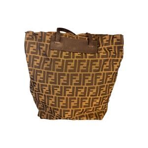 Vintage Fendi Zucca FF Monogram Canvas Tote Bag Brown Black Leather Handles